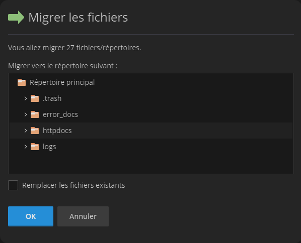 Déplacer fichiers - Plesk
