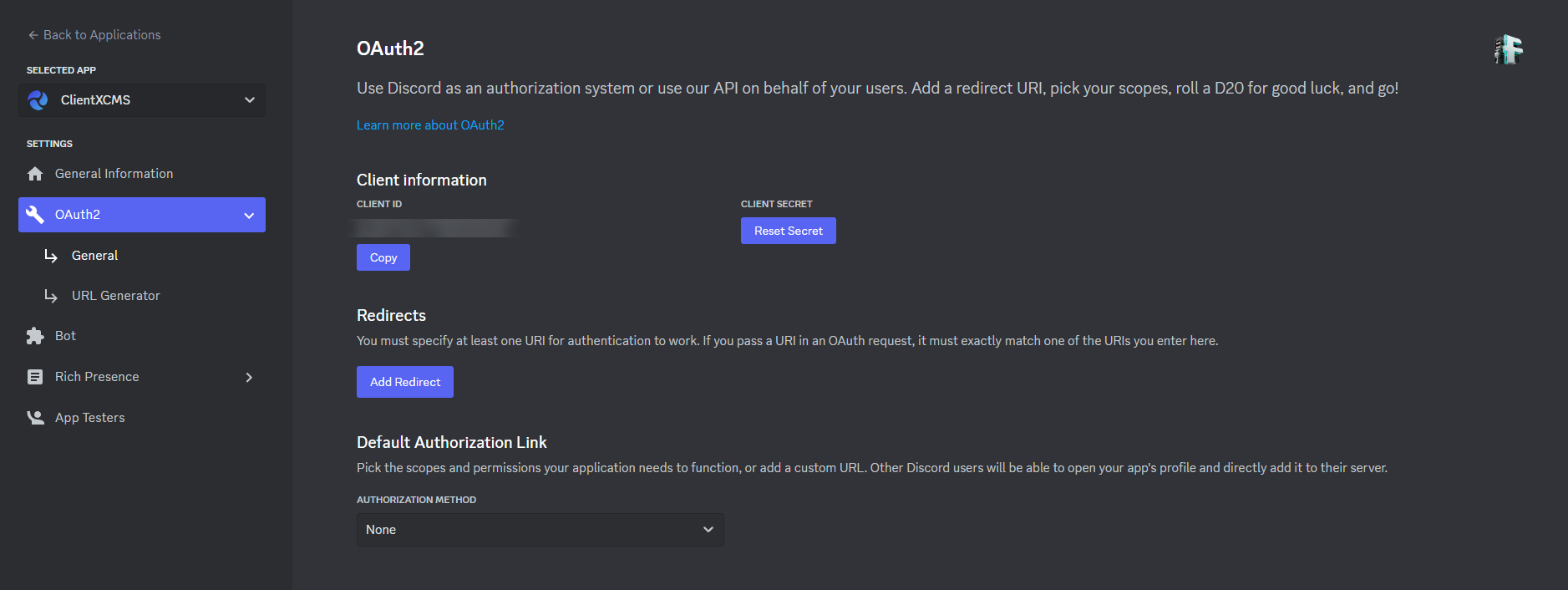 Image : Discord Config - Interface OAuth2&quot;