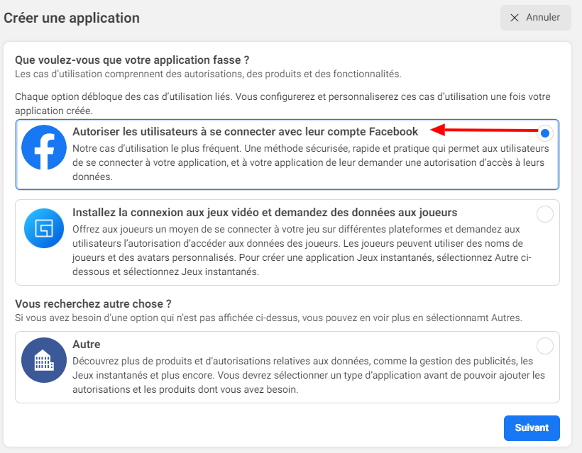 Image : Facebook Config - Option &quot;Autoriser les utilisateurs à se connecter avec leur compte Facebook&quot;