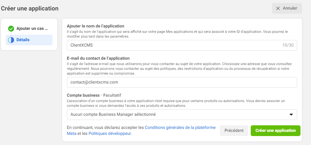 Image : Facebook Config - Informations relatives à l&#39;application