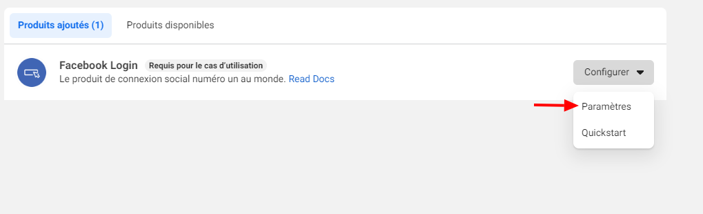 Image : Facebook Config - Menu déroulant Paramètres Facebook Login &quot;