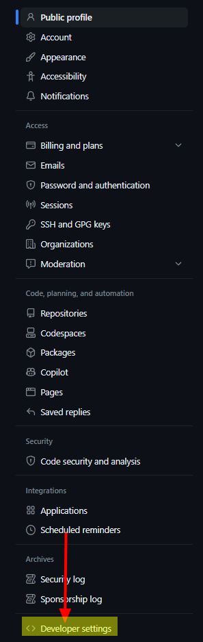 Image : GitHub Config - &quot;Developer Settings&quot;