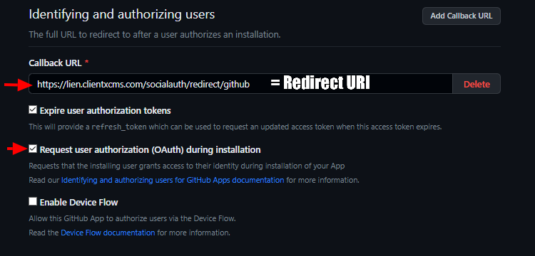 Image : GitHub Config - Redirect URI GitHub