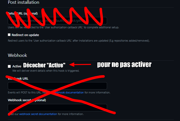 Image : GitHub Config - Désactiver Webhook et autres paramètres