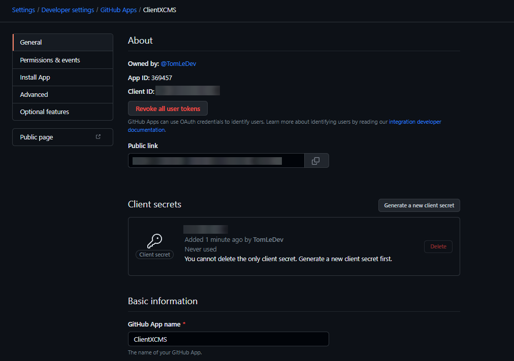 Image : GitHub Config - Page de gestion de l&#39;application