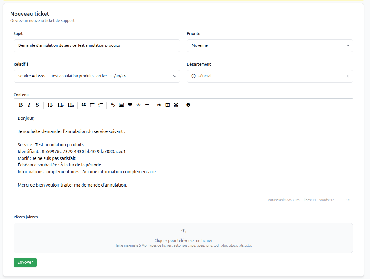 Predefined support-ticket message for a manual cancellation request