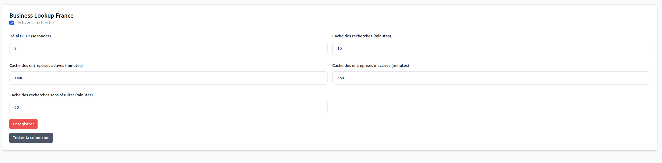Business Lookup France settings