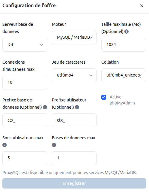 MySQL/MariaDB offer configuration