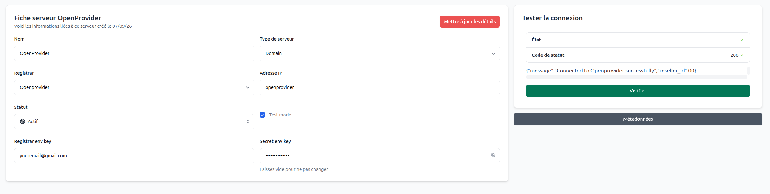 OpenProvider server configuration in ClientXCMS