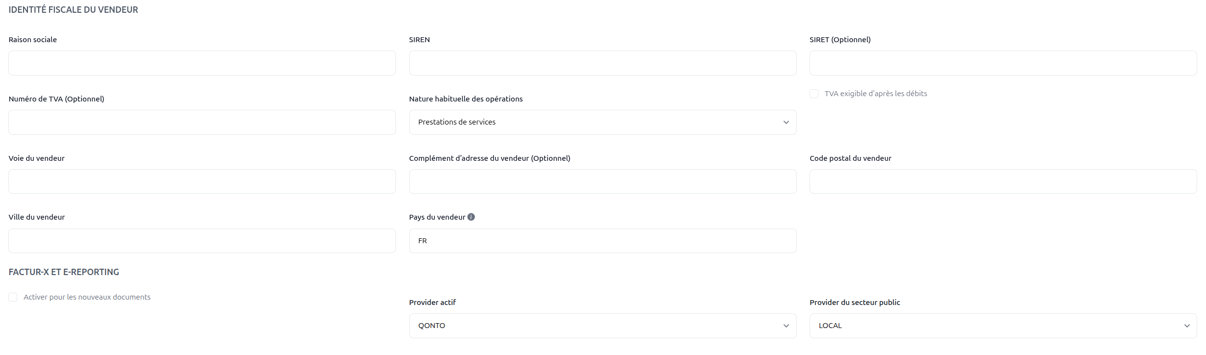 Selecting Qonto and completing the seller tax identity
