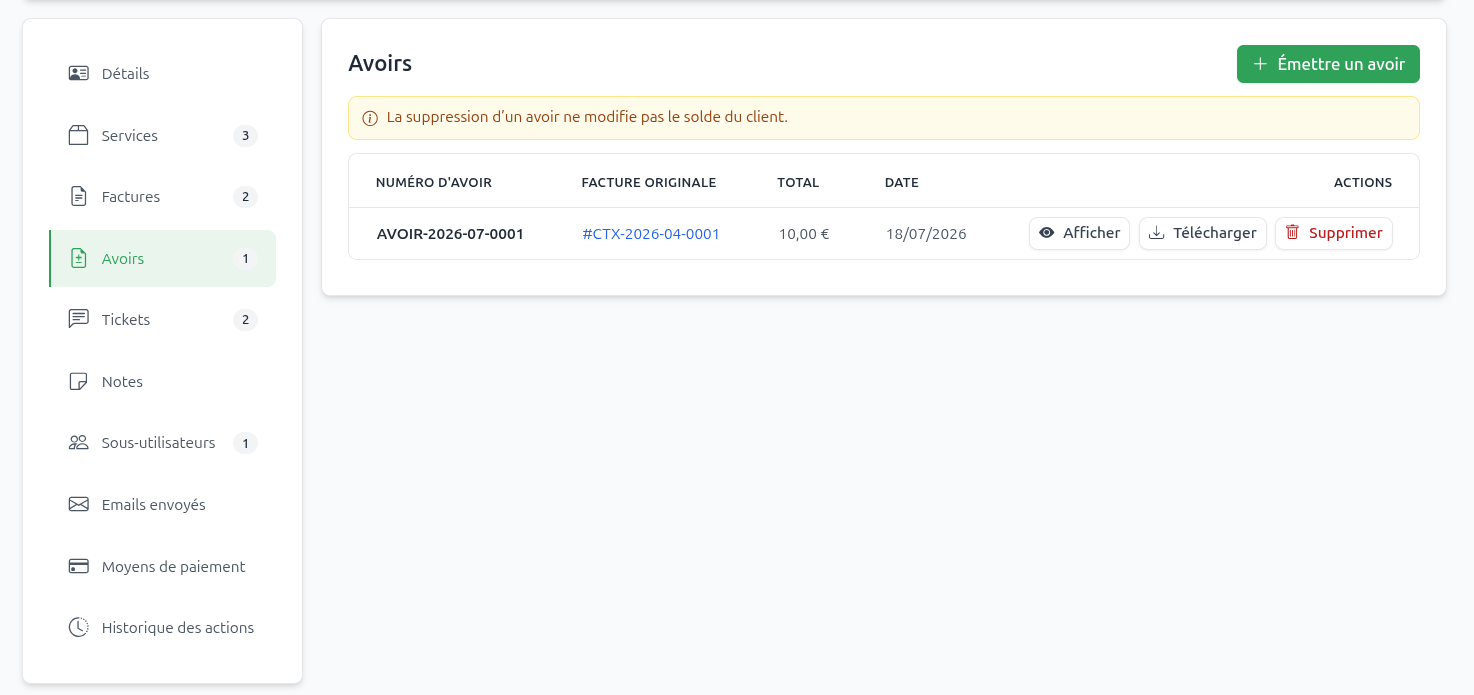 Customer credit-note list in the administration panel