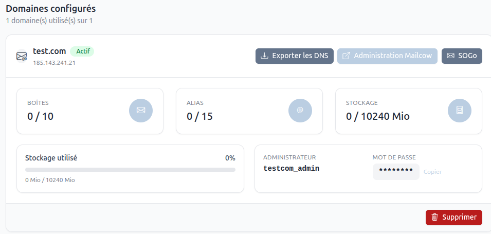 Configured Mailcow domains