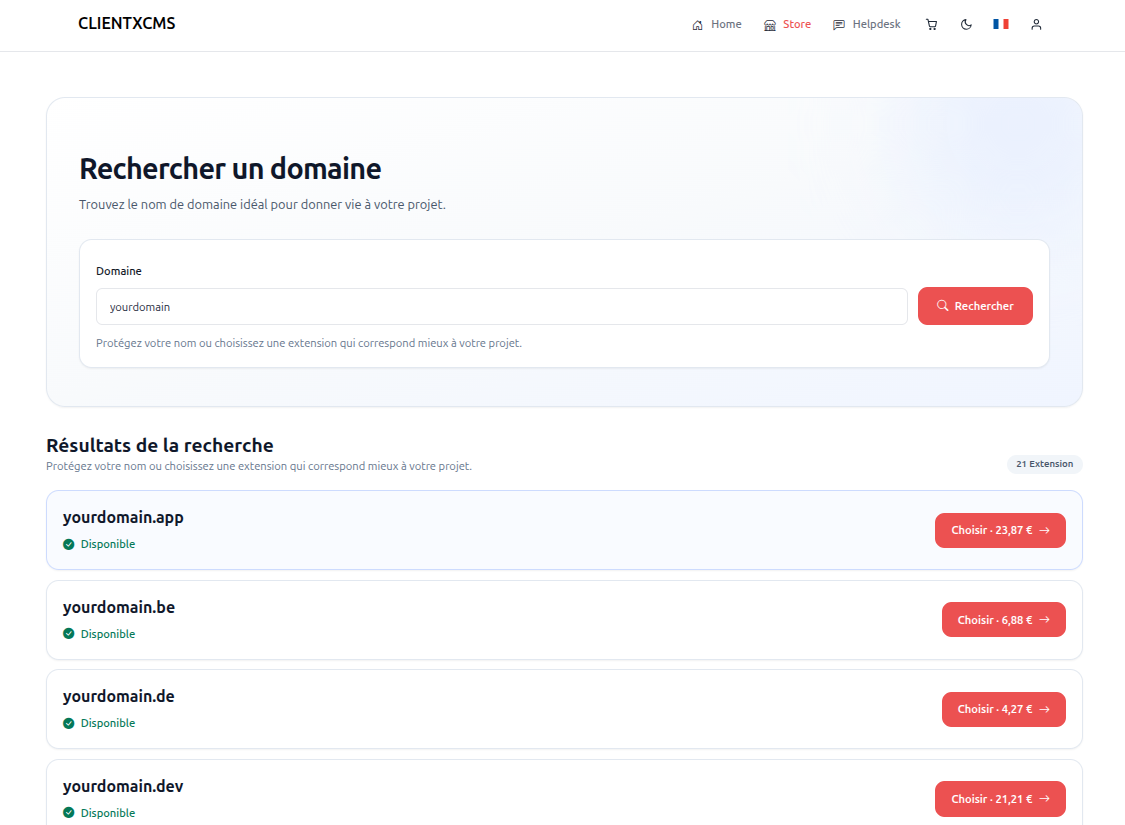 Domain search interface showing available extensions and pricing