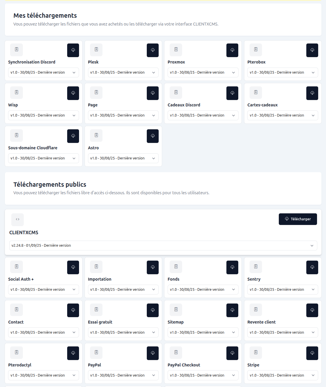 Page de téléchargement - Extensions