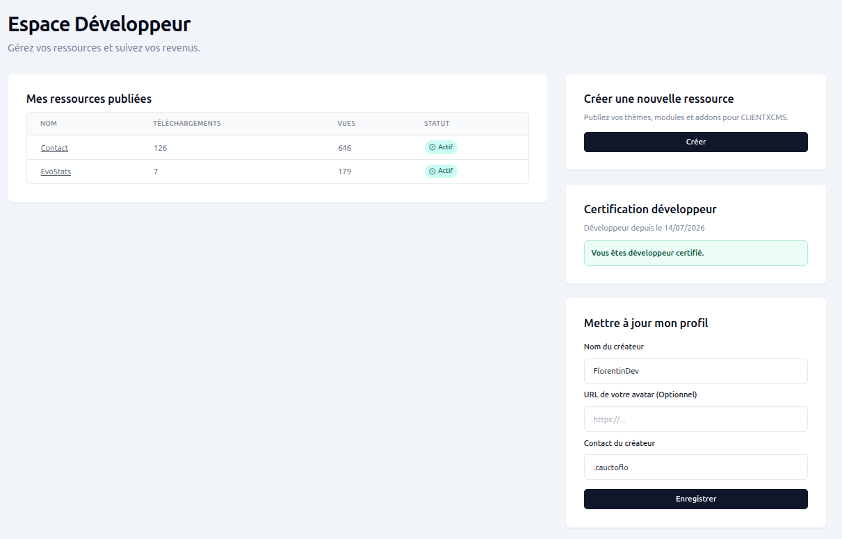 CLIENTXCMS developer dashboard