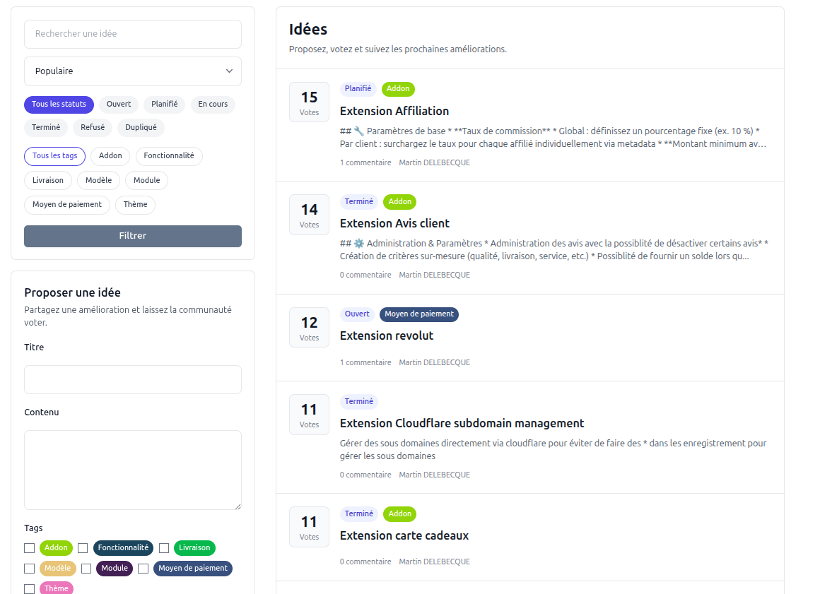 Ideas portal in the customer area