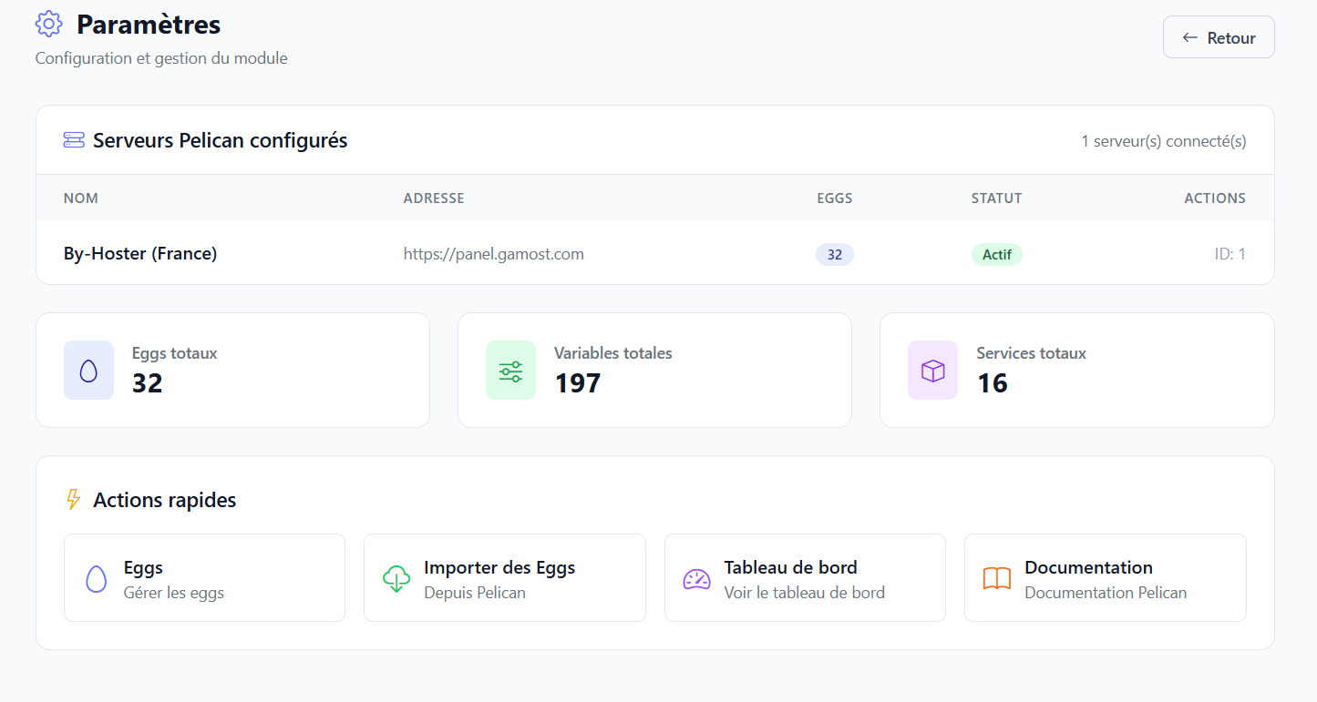 Paramètres du module Pelican