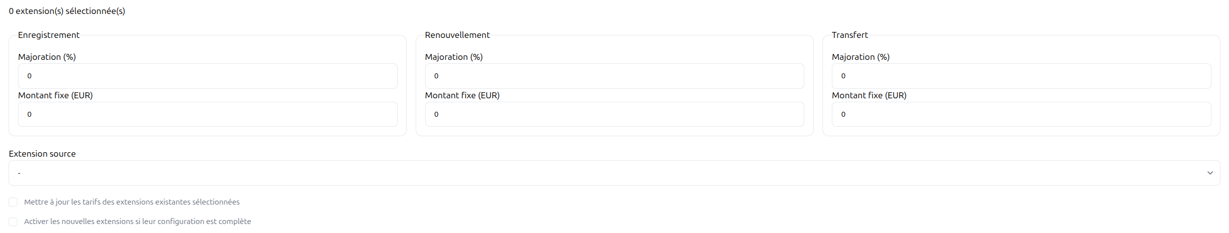 Applying prices to selected domain extensions
