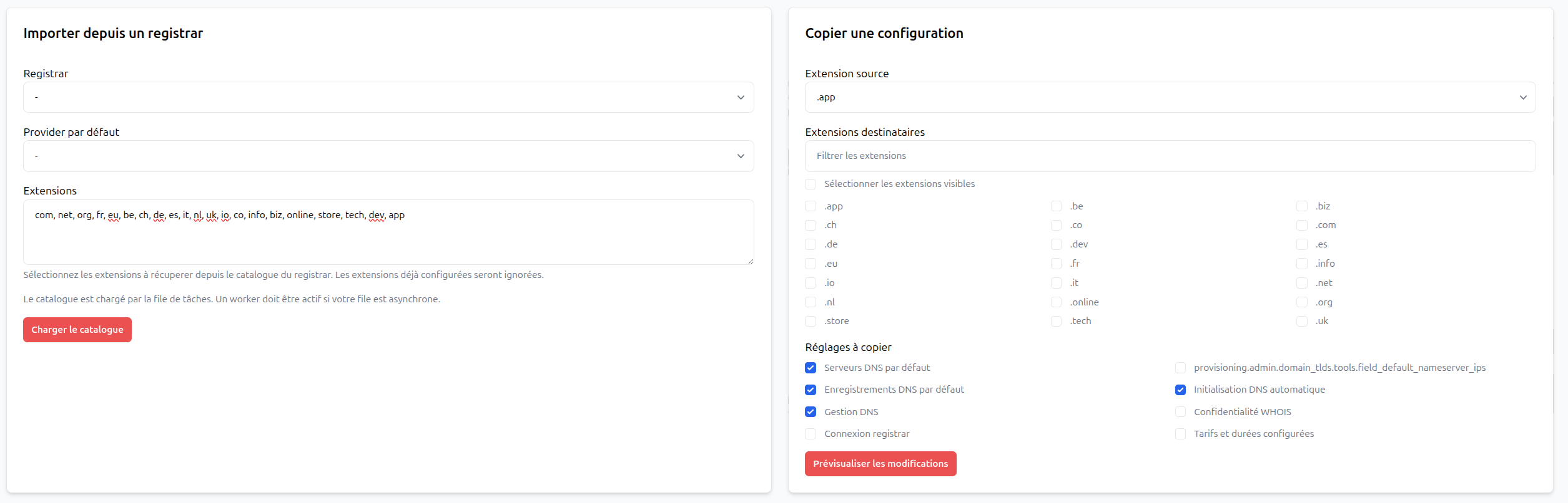 Selecting OpenProvider extensions to import