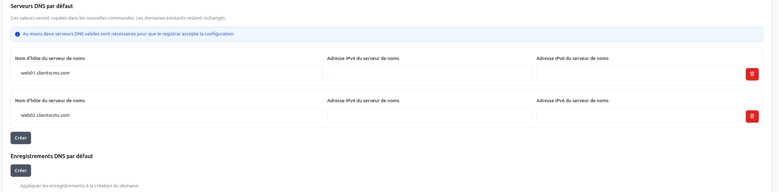 Configuring default nameservers and DNS records