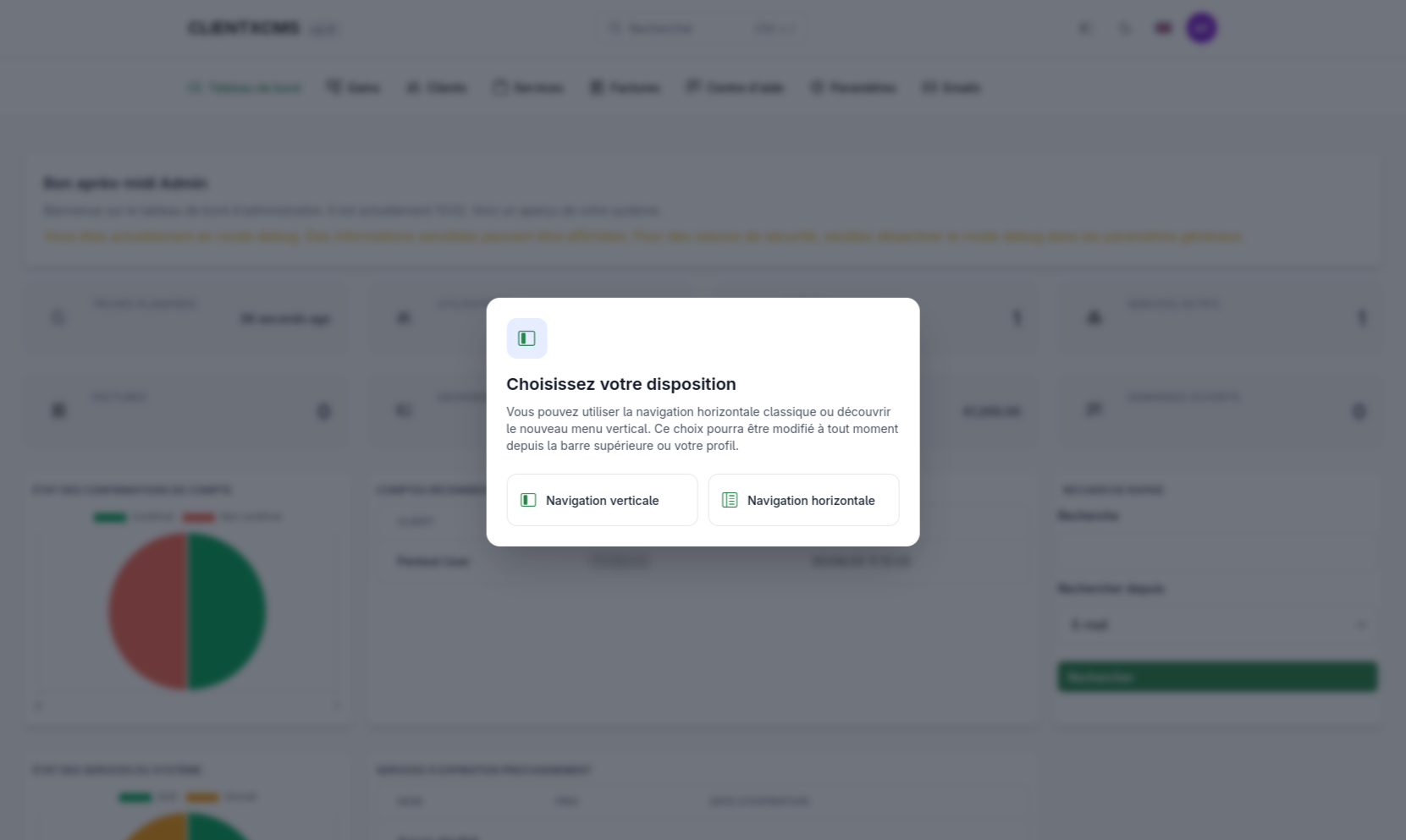 Modal for choosing between vertical and horizontal navigation layout