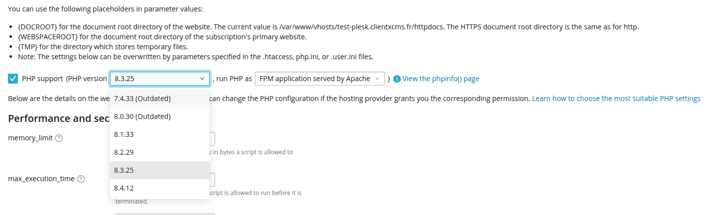 PHP version - Plesk