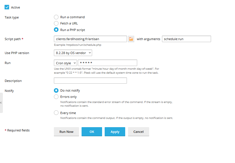 Tâches planifiées - Plesk