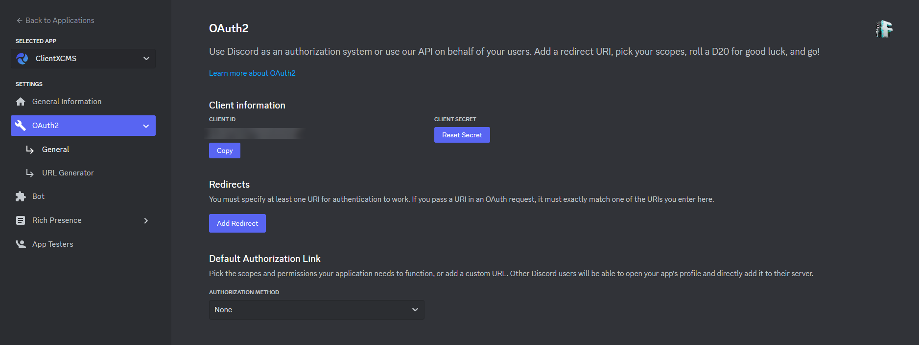 Image : Discord Config - Interface OAuth2"