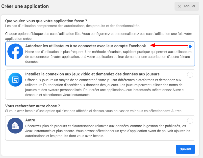 Image : Facebook Config - Option "Autoriser les utilisateurs à se connecter avec leur compte Facebook"