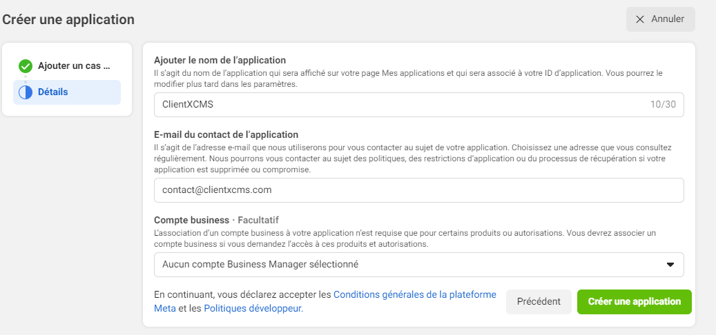 Image : Facebook Config - Informations relatives à l'application