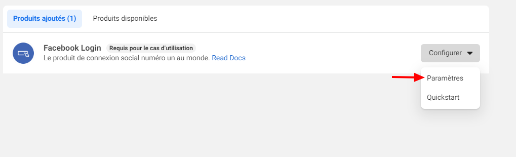 Image : Facebook Config - Menu déroulant Paramètres Facebook Login "