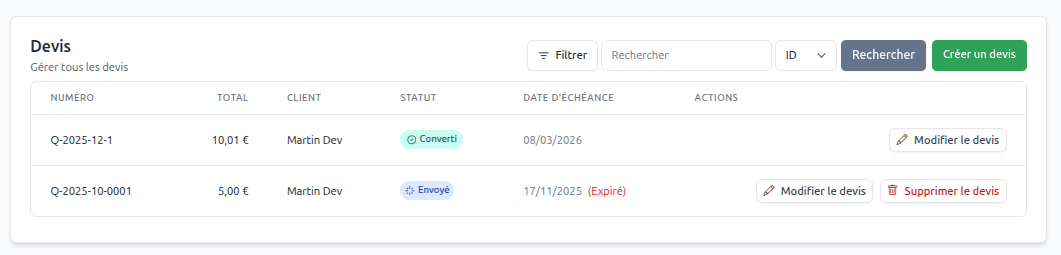 Interface Administrateur Quote Manager