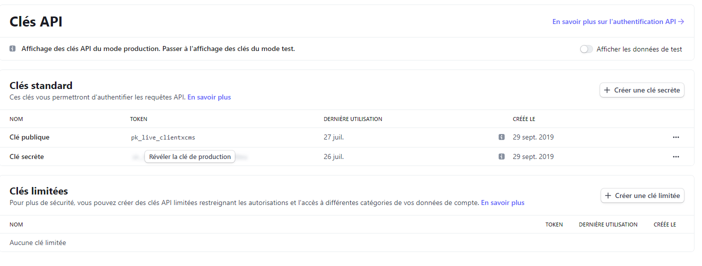 Section Clés API dans Stripe