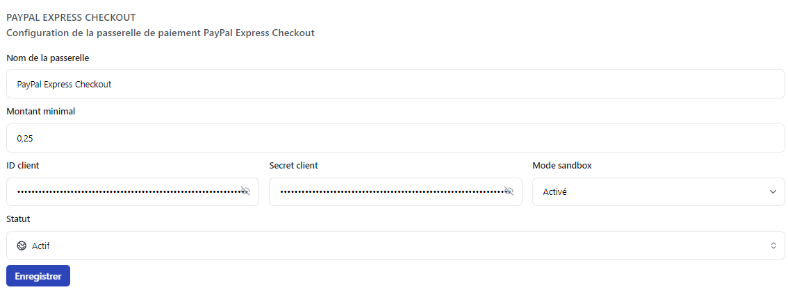 Configuration de PayPal Express Checkout