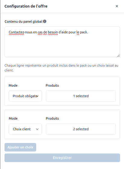Configuration des produits inclus dans le pack