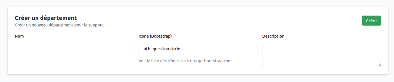 Formulaire de création d'un département
