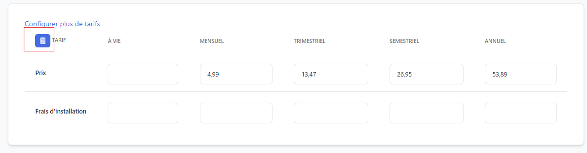 Interface de la calculatrice de prix