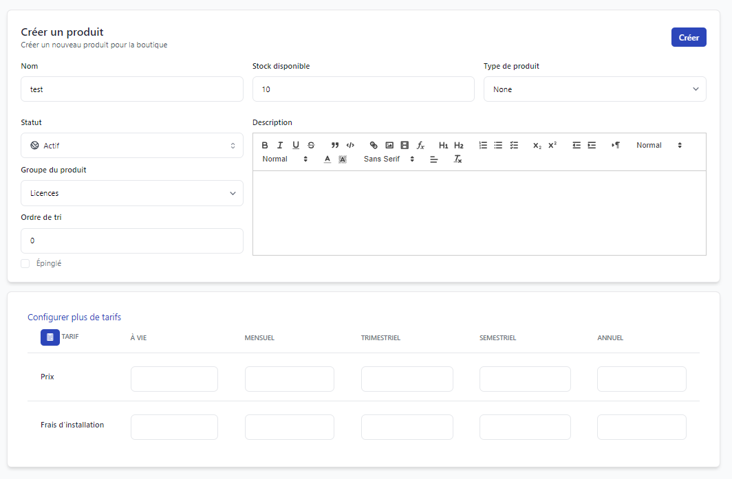 Création d'un produit