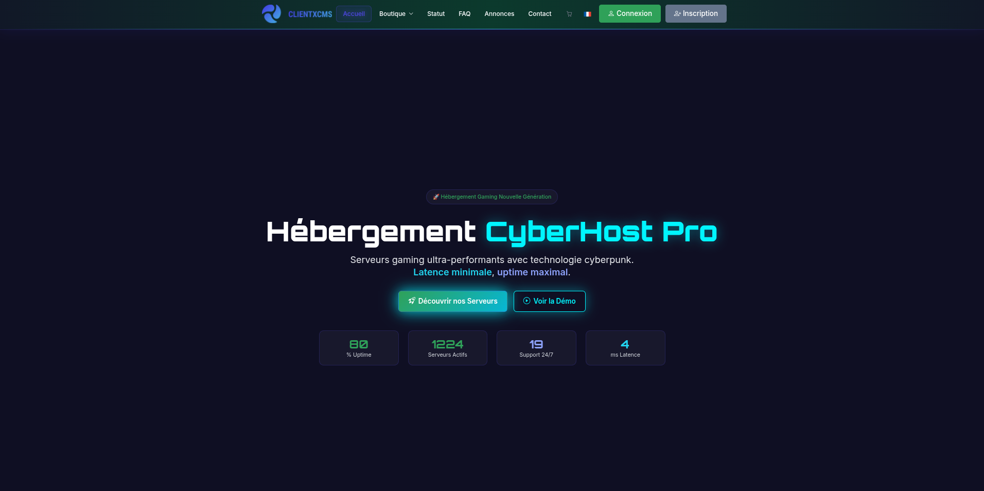 Maquette du thème CyberHost Pro avec design sombre aux accents néon