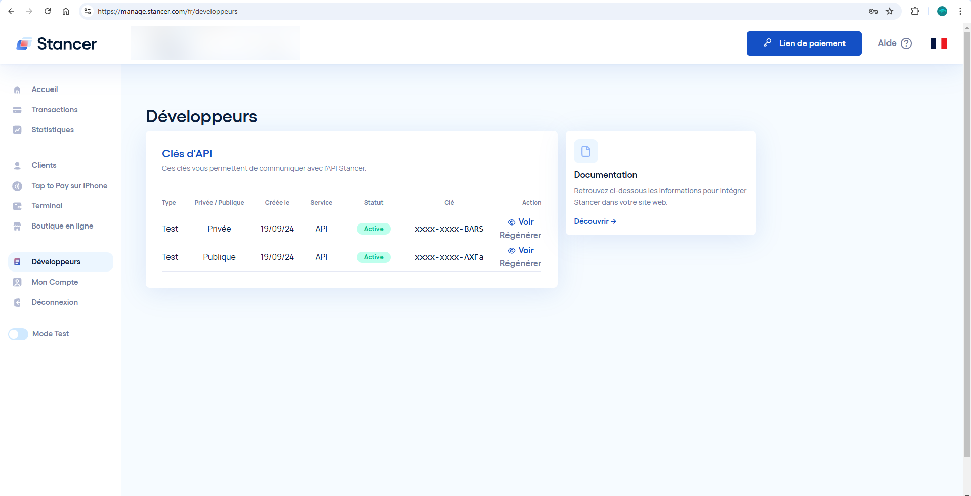 Dashboard Stancer - Section développeur