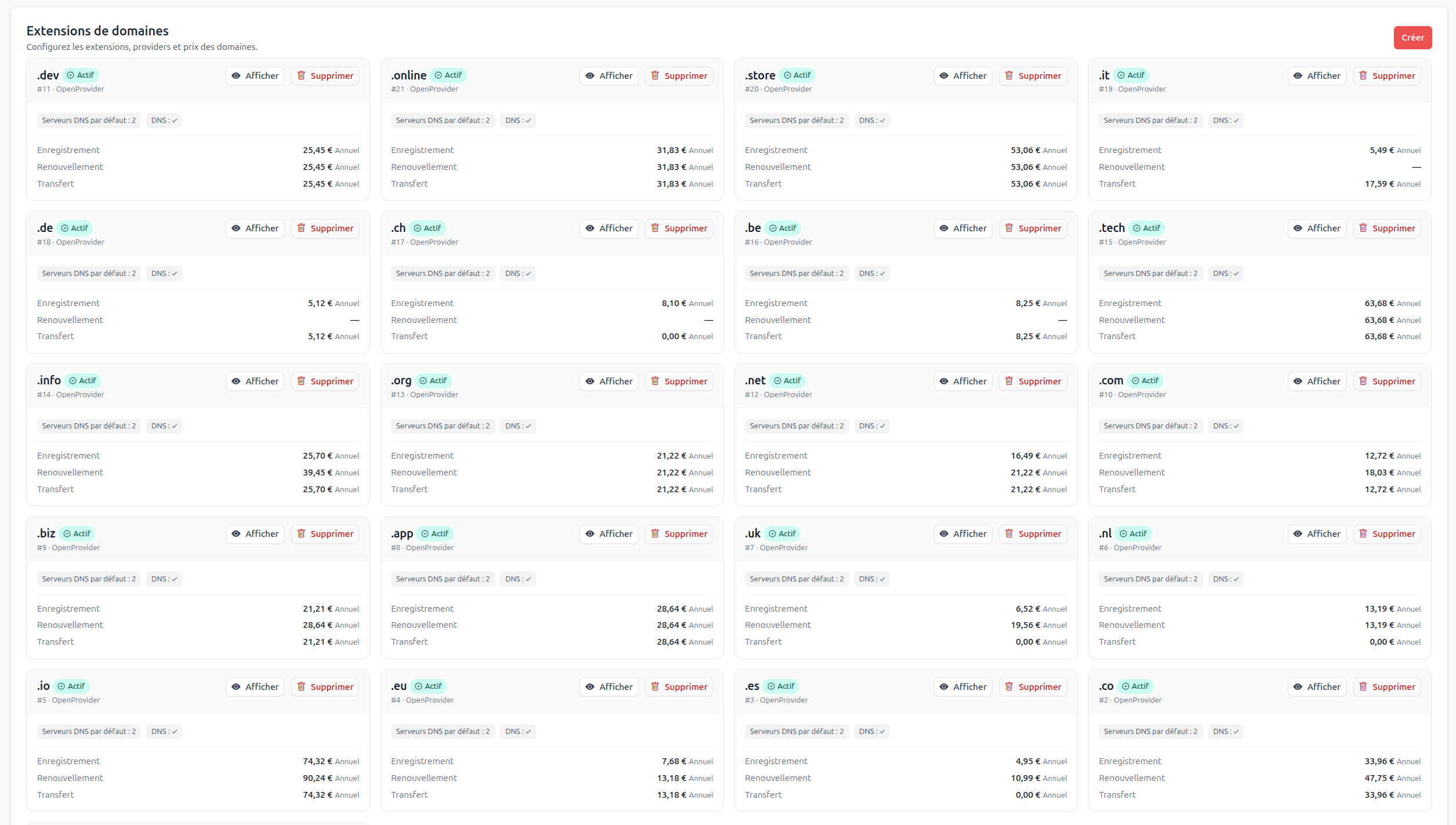 Importation des extensions et des prix OpenProvider