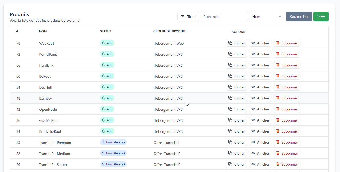 Accès à l'édition d'un produit