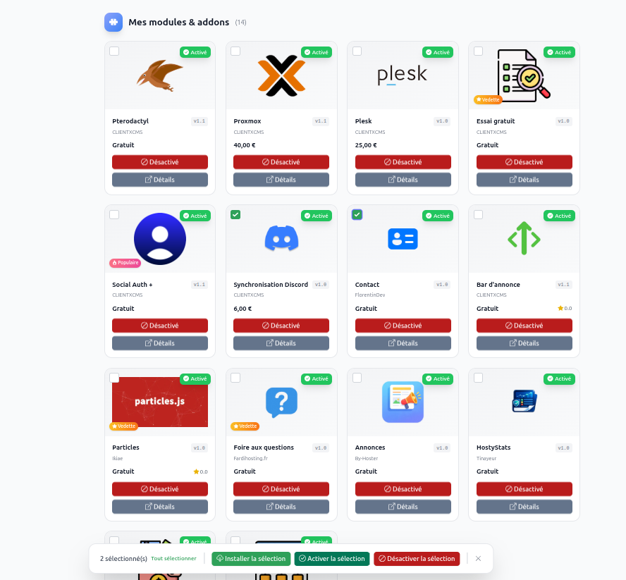 Nouvelle interface de gestion des extensions avec cases à cocher pour actions groupées