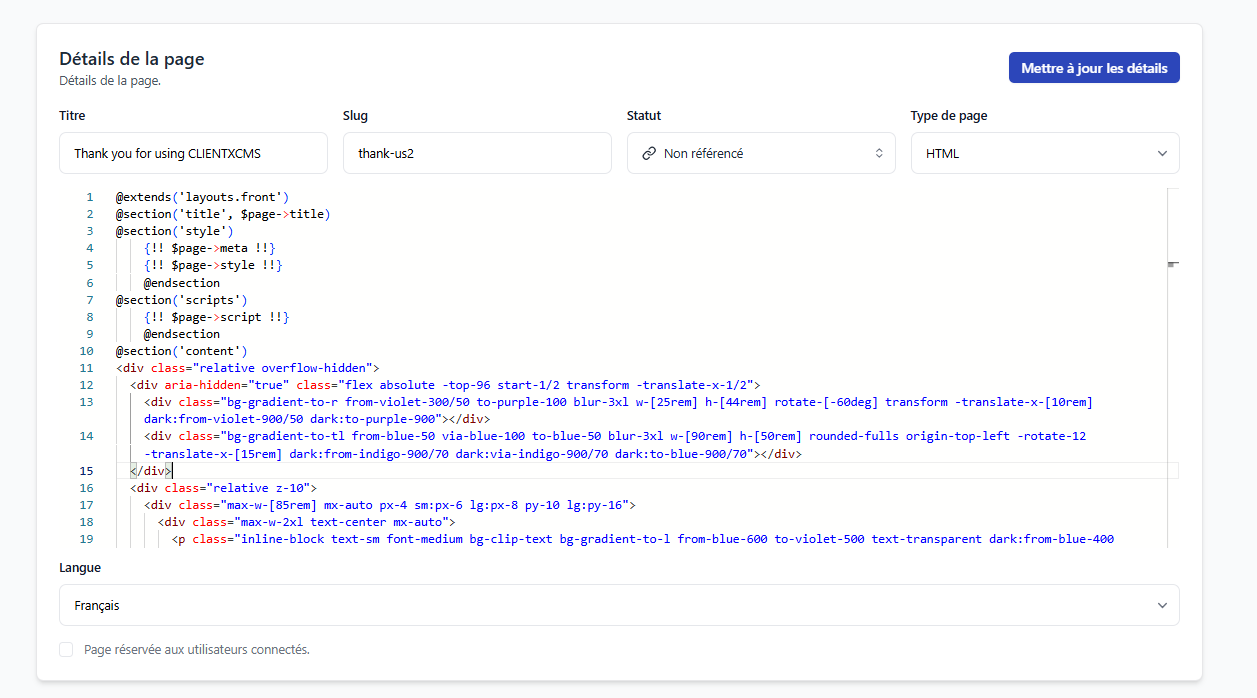 Page d'édition HTML