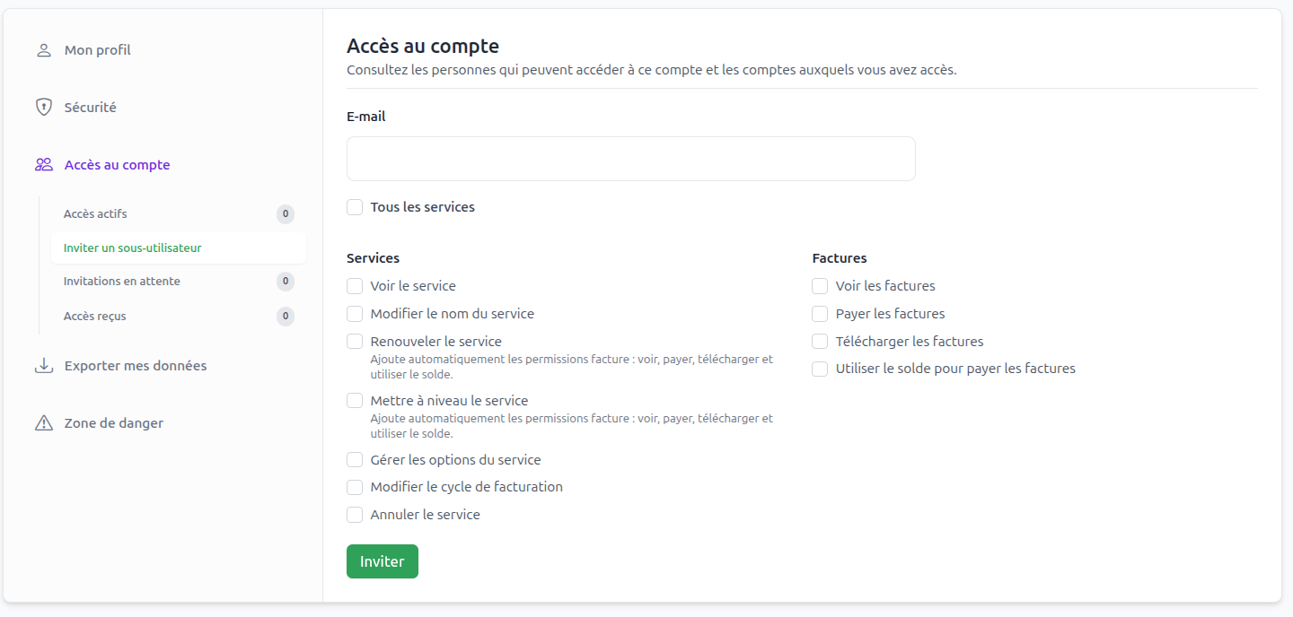 Interface d'invitation d'un sous-utilisateur et configuration des permissions déléguées
