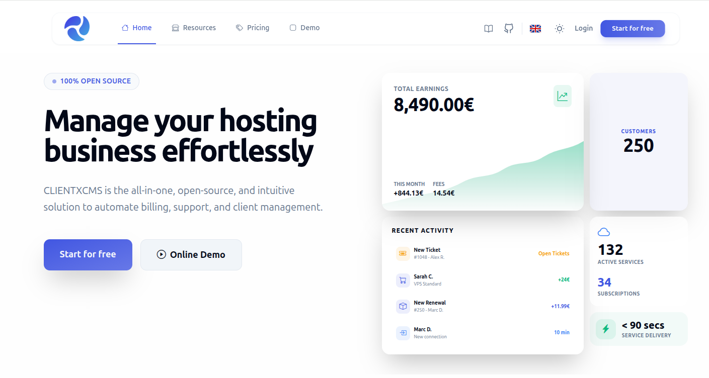 Nouvelle landing page de ClientXCMS