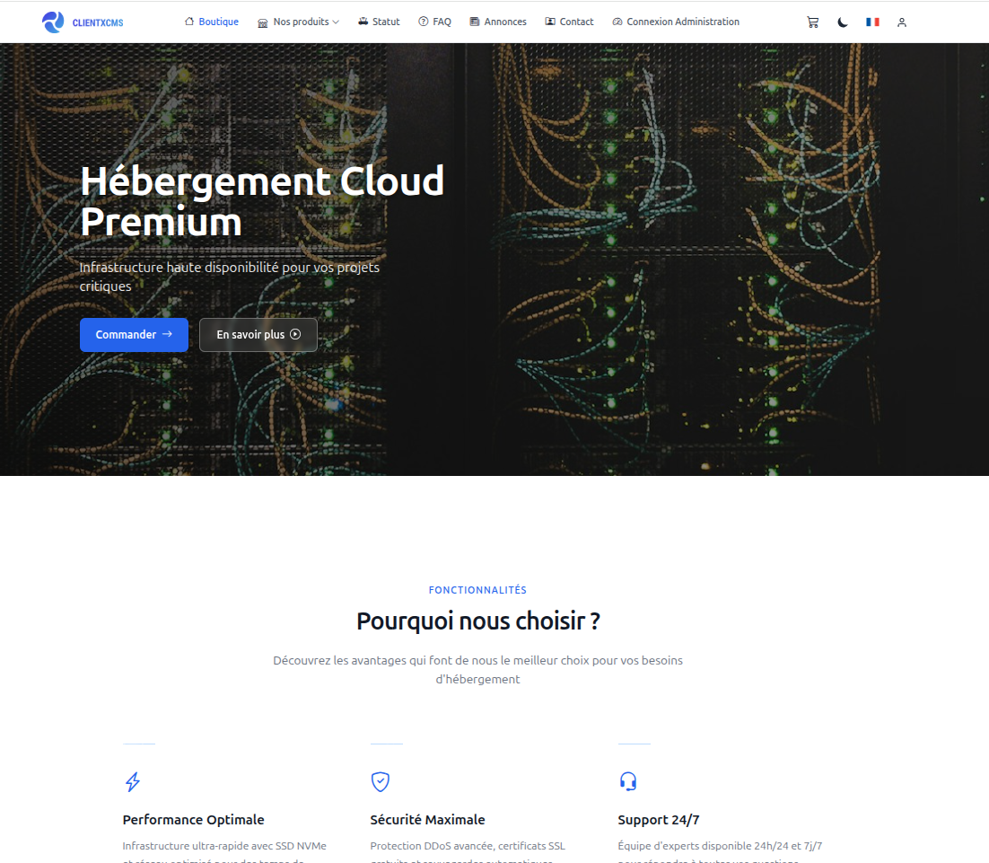 Capture d'écran de la page d'accueil du thème Nexus avec bannière hero et sections de services