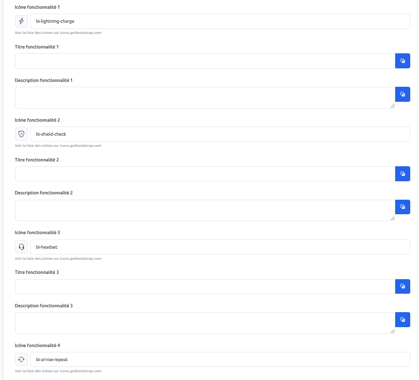 Interface d'administration pour configurer les sections du thème Nexus avec options visuelles