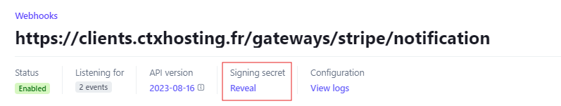 Secret du webhook Stripe