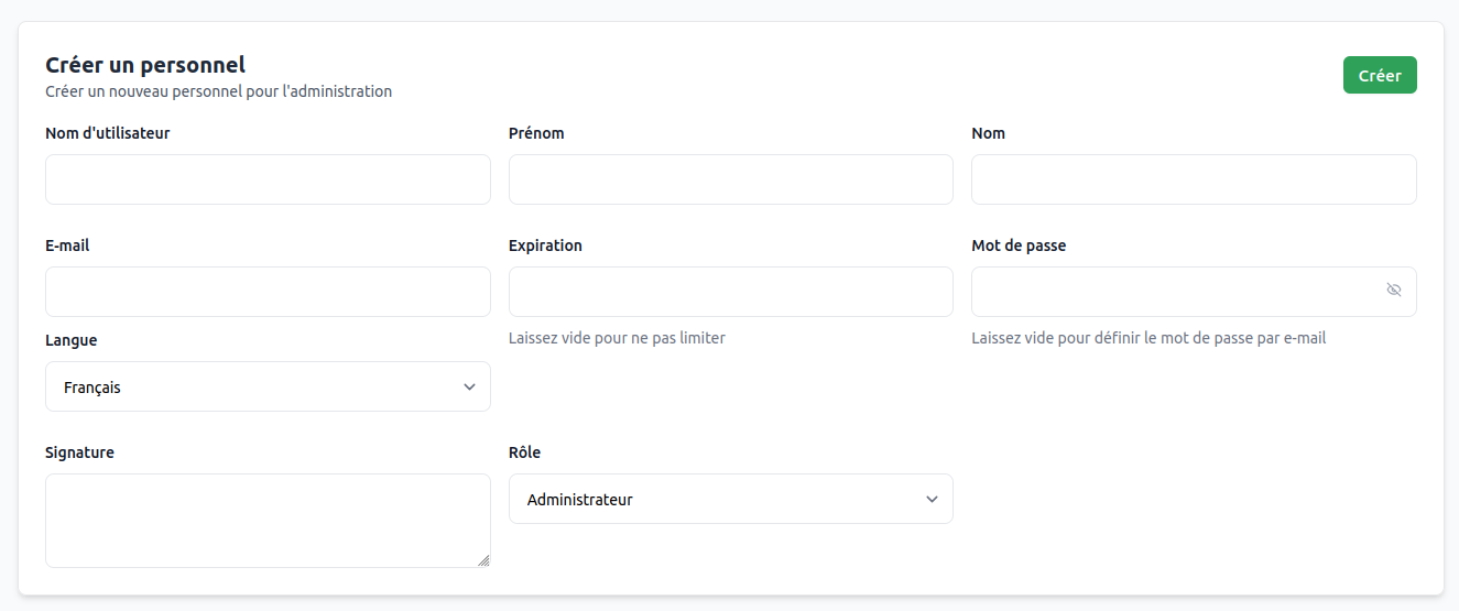 Formulaire de création d'un compte personnel